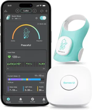 Sense-U Smart Sock Shoe (Long Range) Baby Monitor with On-Device Sleep Indicator & Notifications, Track Heart Rate, Movement, Sleep Patterns, Naps from Anywhere for Peace of Mind, FSA/HSA Eligible