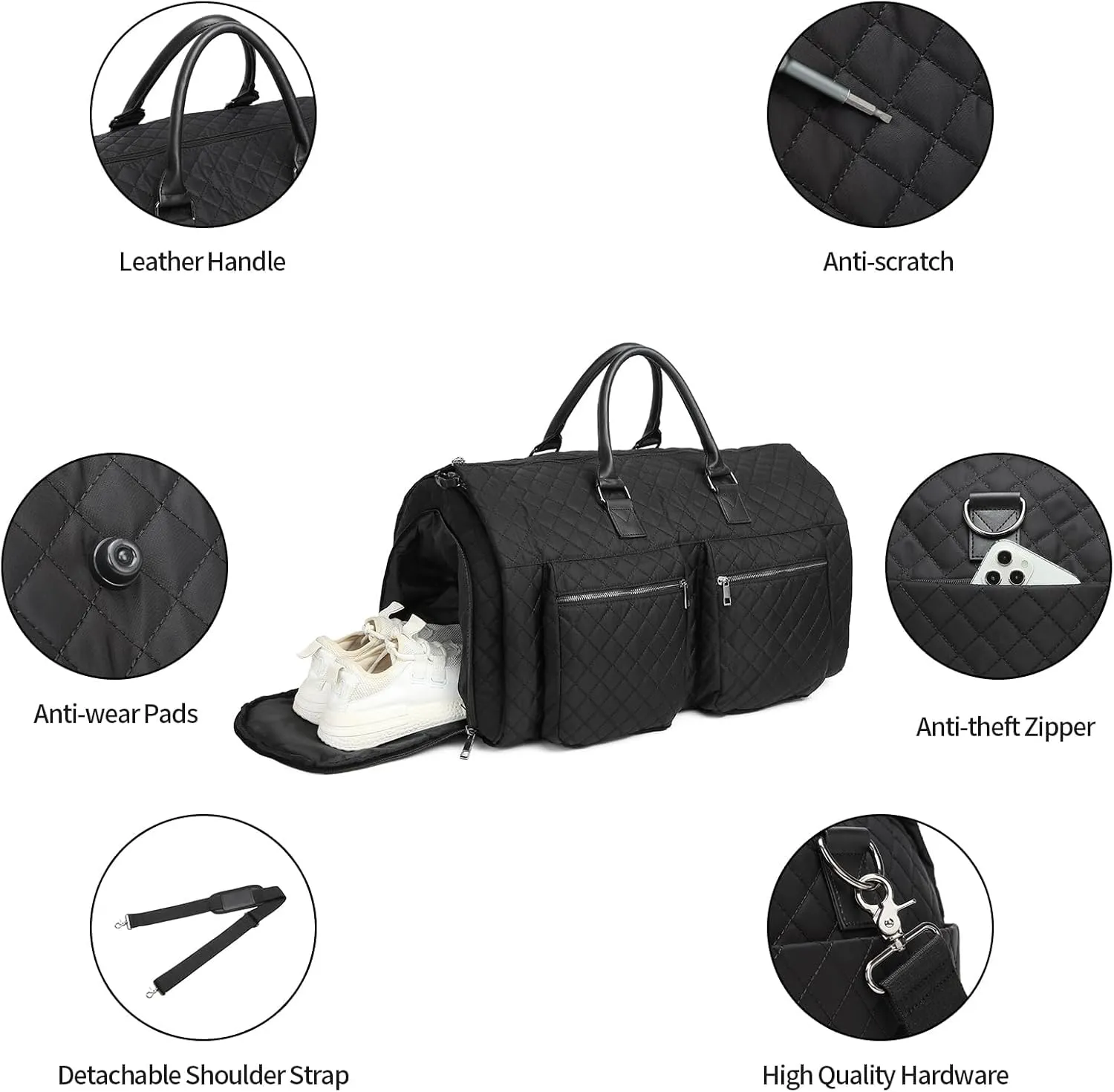 seyfocnia Garment Bags for Travel,Convertible Carry on Garment Duffle Bags for Hanging Clothes - 2 in 1 Hanging Suitcase Suit Bags Weekender Bag with Shoe Pouch for Women Black