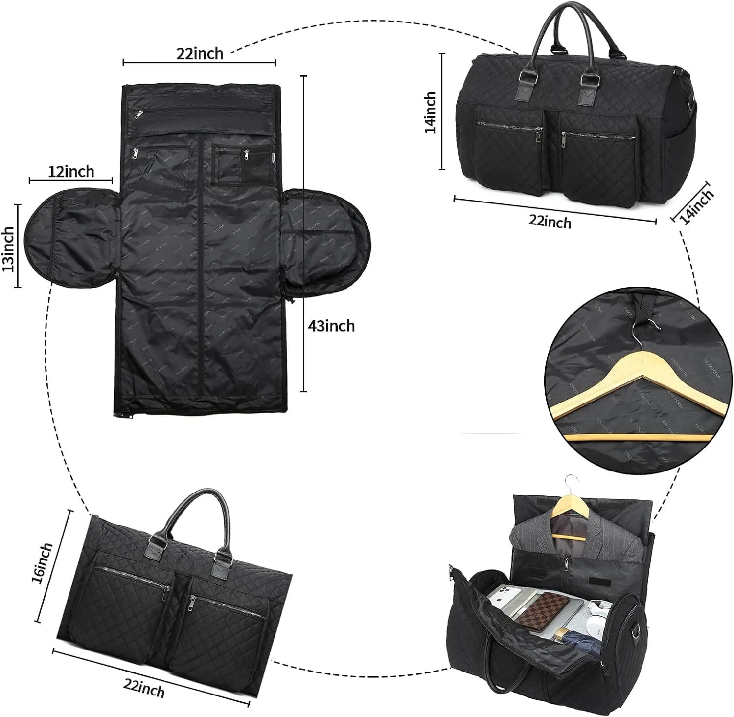 seyfocnia Garment Bags for Travel,Convertible Carry on Garment Duffle Bags for Hanging Clothes - 2 in 1 Hanging Suitcase Suit Bags Weekender Bag with Shoe Pouch for Women Black