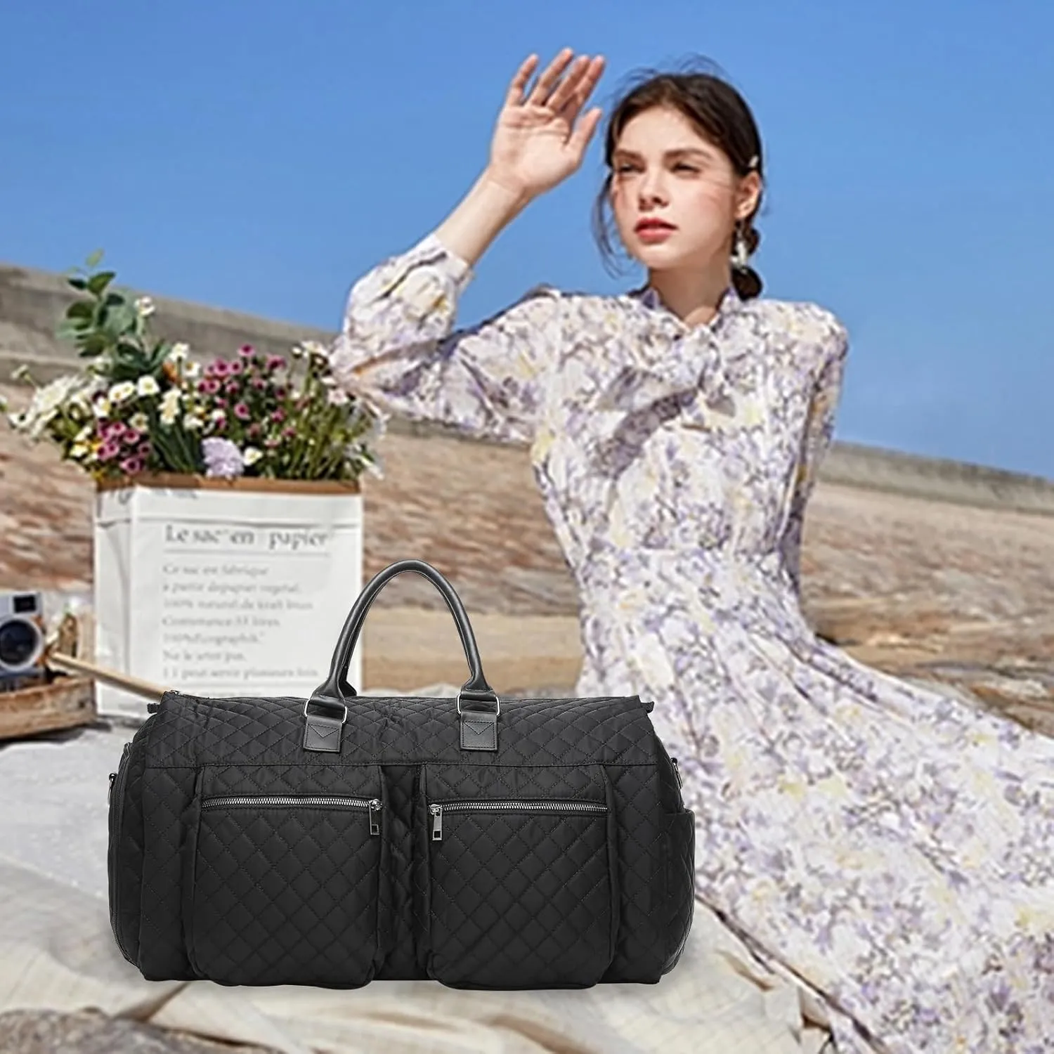 seyfocnia Garment Bags for Travel,Convertible Carry on Garment Duffle Bags for Hanging Clothes - 2 in 1 Hanging Suitcase Suit Bags Weekender Bag with Shoe Pouch for Women Black