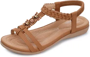 SHIBEVER Womens Sandals Summer Bohemian Flat Sandals Shoes with Elastic Strap Dressy Sandal