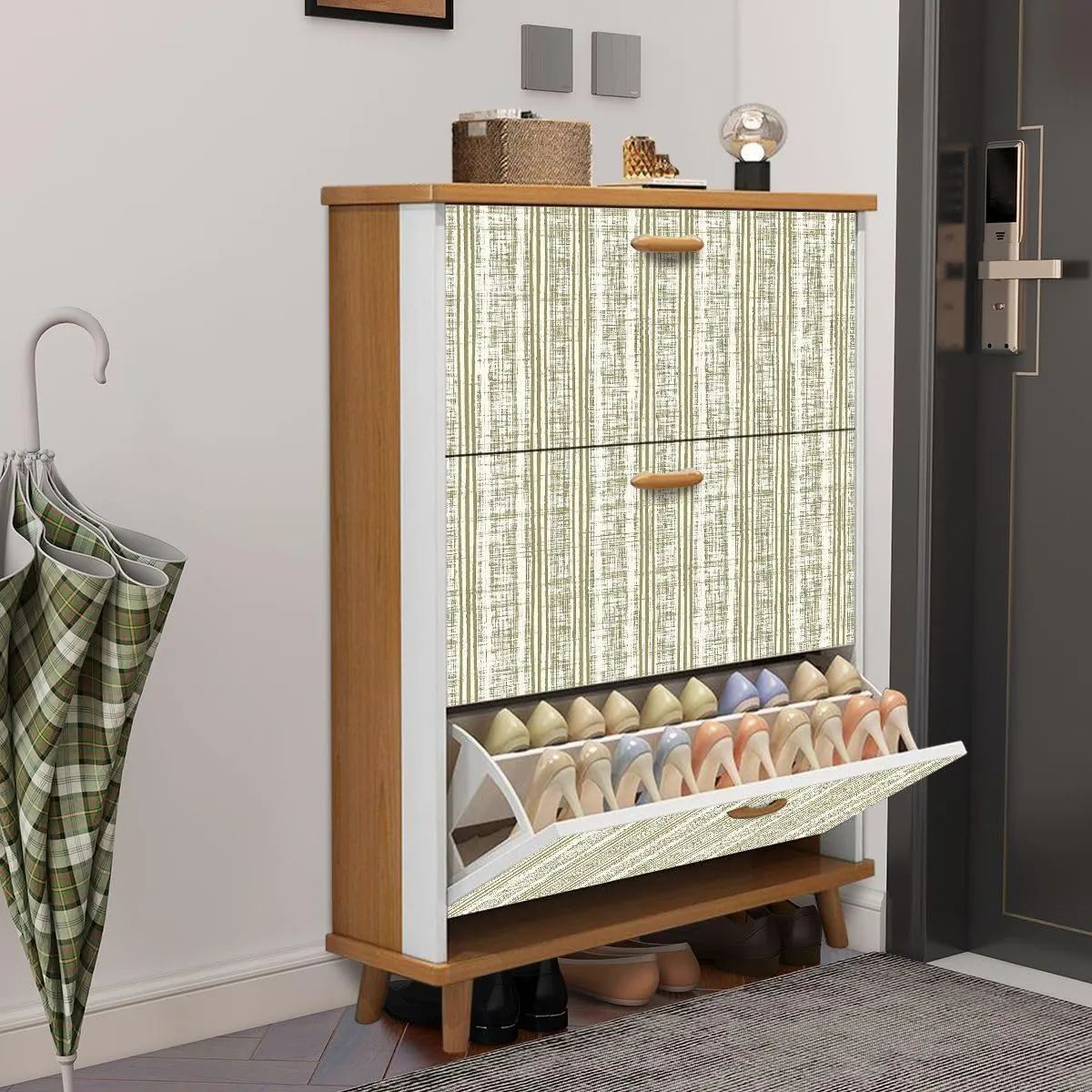 Shoe Cabinet with 3 Flip Drawers Textile Shirt fabric print set seamless patterns Geometrical linen Wooden Shoe Storage Cabinet Freestanding Hidden Shoe Rack Slim Shoe Organizer for Entryway