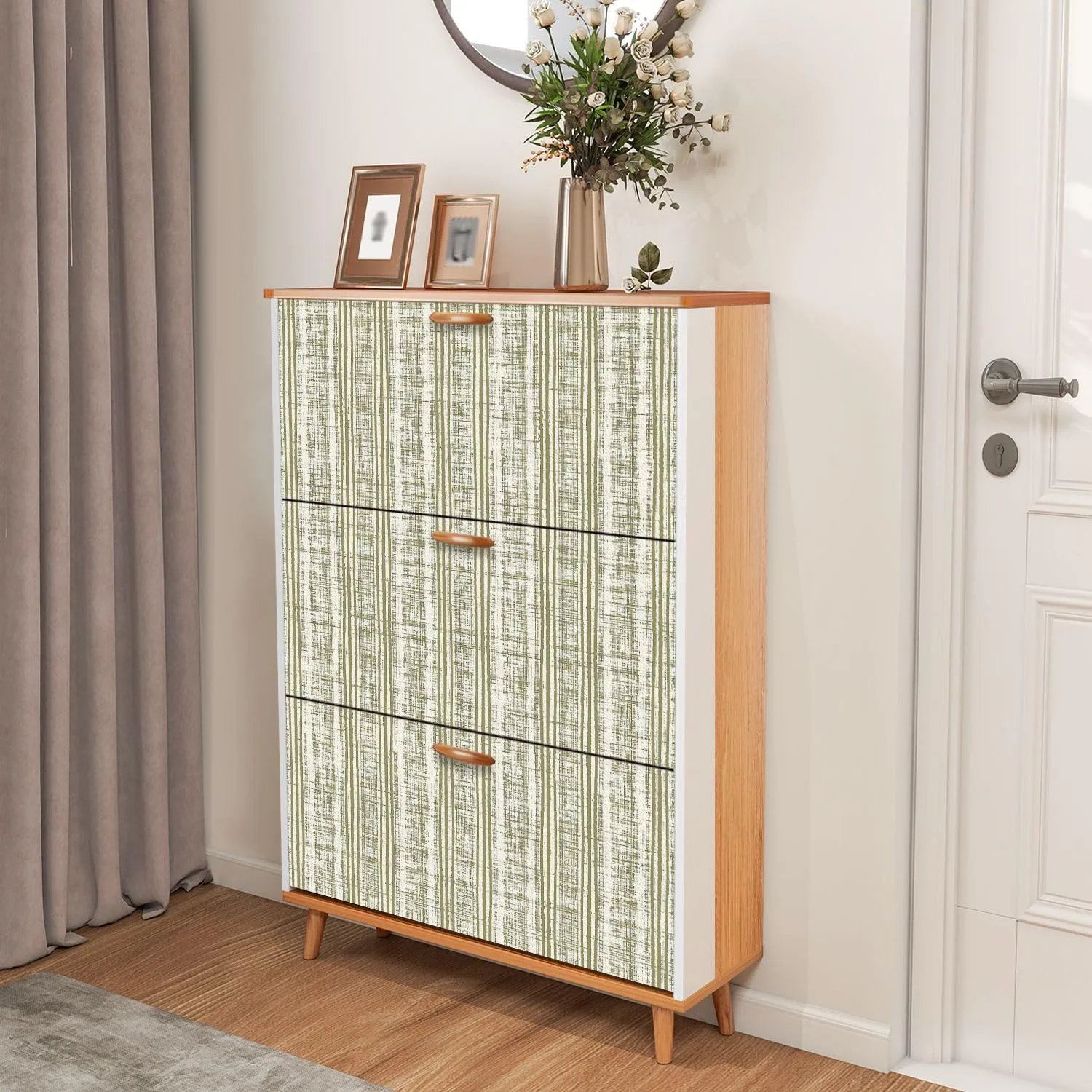 Shoe Cabinet with 3 Flip Drawers Textile Shirt fabric print set seamless patterns Geometrical linen Wooden Shoe Storage Cabinet Freestanding Hidden Shoe Rack Slim Shoe Organizer for Entryway