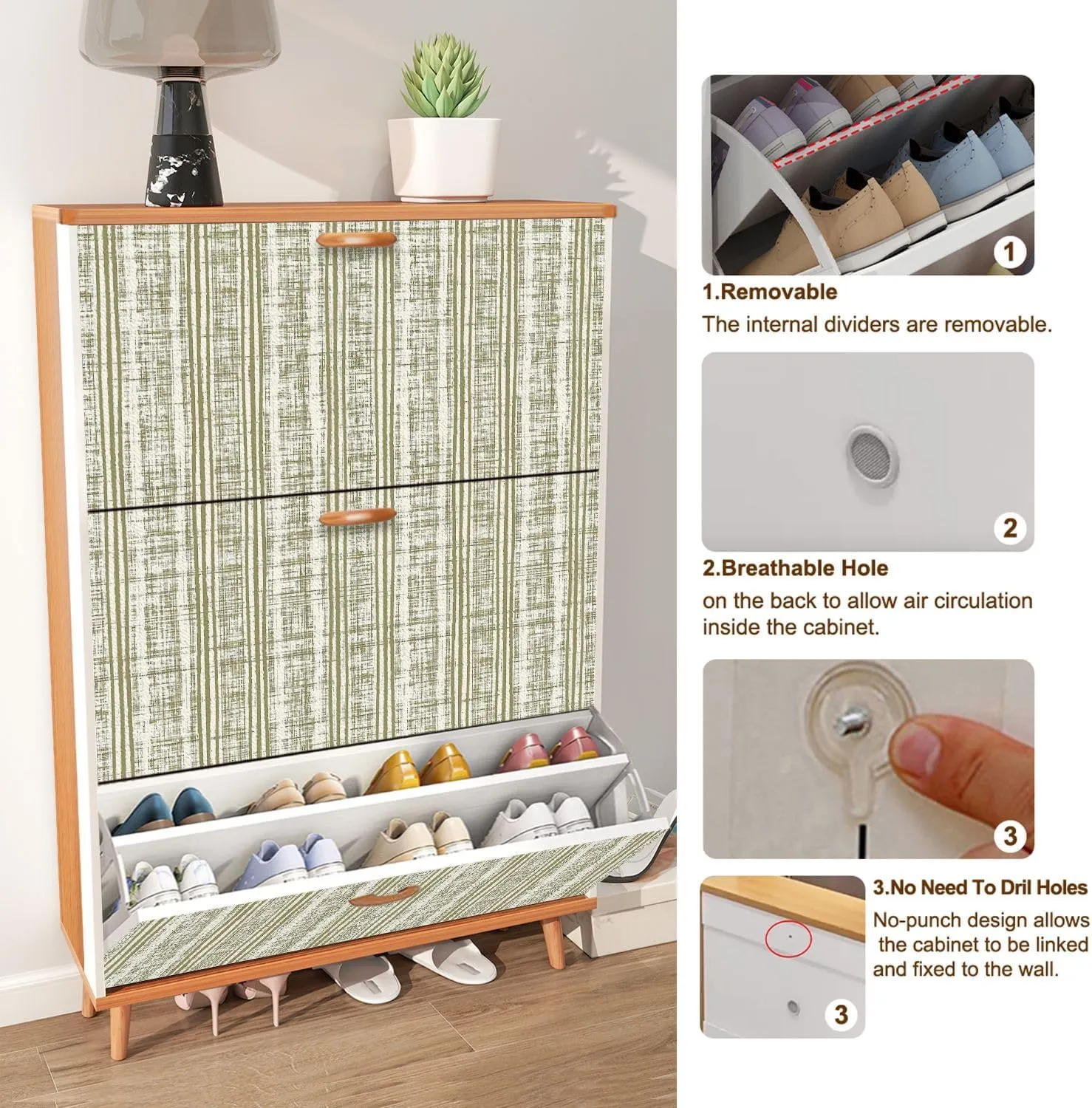 Shoe Cabinet with 3 Flip Drawers Textile Shirt fabric print set seamless patterns Geometrical linen Wooden Shoe Storage Cabinet Freestanding Hidden Shoe Rack Slim Shoe Organizer for Entryway