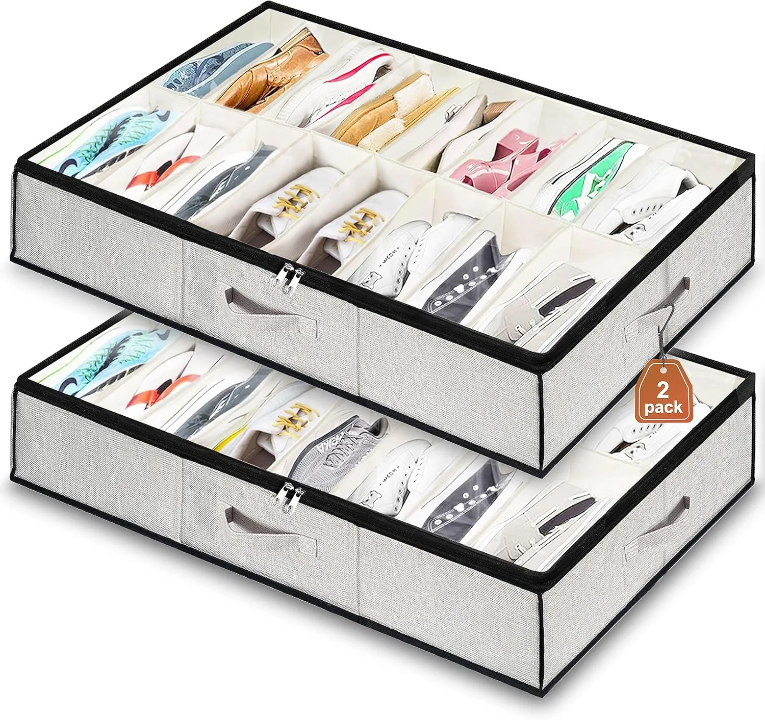 Shoe Storage Organizer Under Bed, 2 Pack Fits 32 Pairs, Extra Large Shoe Container, Breathable Fabric Underbed Storage for Sneakers, Slippers, Closet, Grey