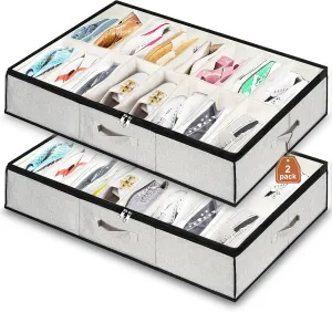Shoe Storage Organizer Under Bed, 2 Pack Fits 32 Pairs, Extra Large Shoe Container, Breathable Fabric Underbed Storage for Sneakers, Slippers, Closet, Grey