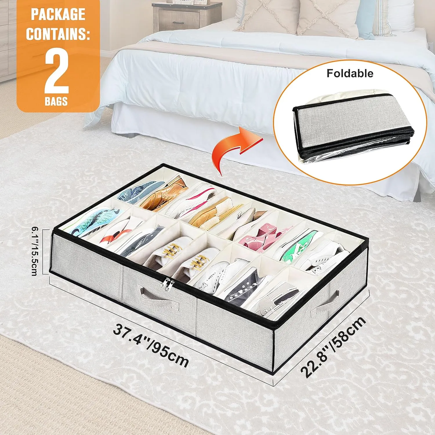 Shoe Storage Organizer Under Bed, 2 Pack Fits 32 Pairs, Extra Large Shoe Container, Breathable Fabric Underbed Storage for Sneakers, Slippers, Closet, Grey