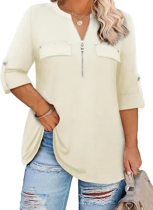 Siddhe Women 3/4 Sleeve Plus Size Tunics Zip Front V-Neck Tops Casual Loose Fit T Shirt Blouse