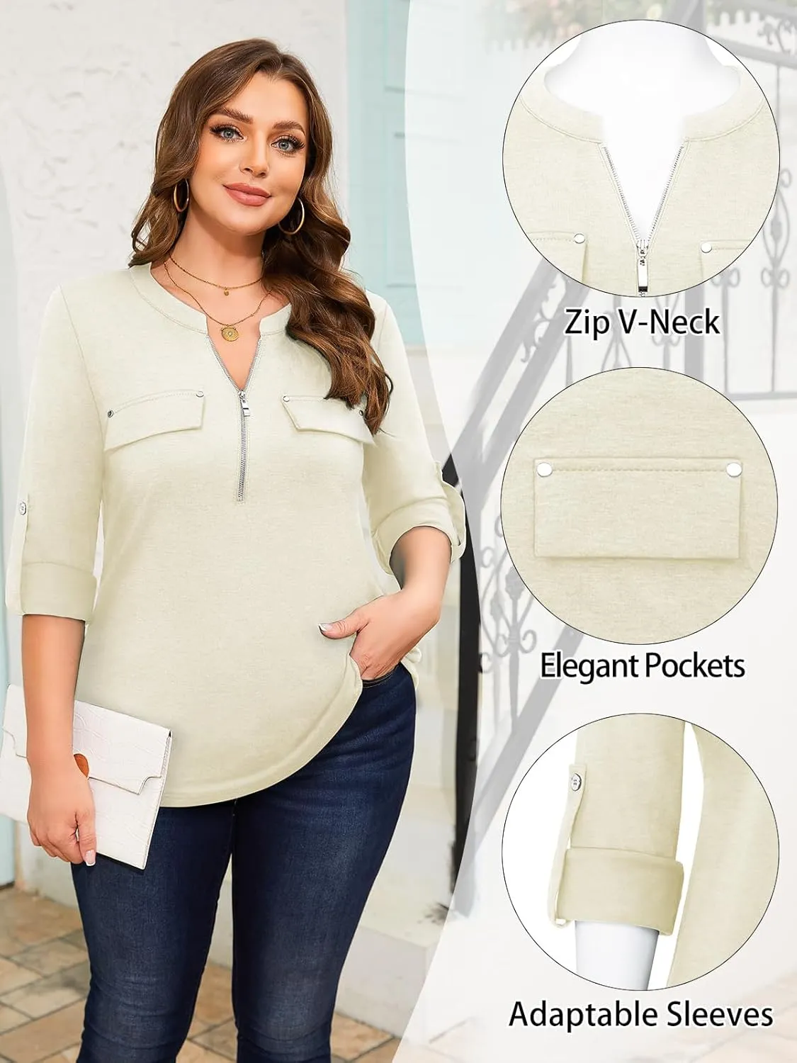 Siddhe Women 3/4 Sleeve Plus Size Tunics Zip Front V-Neck Tops Casual Loose Fit T Shirt Blouse