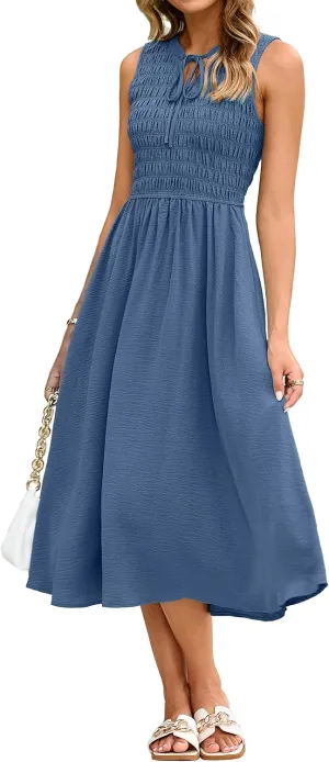 Simplee Womens Summer Smocked Midi Sundress V Neck Sleeveess Boho A Line Sun Dress with Pockets