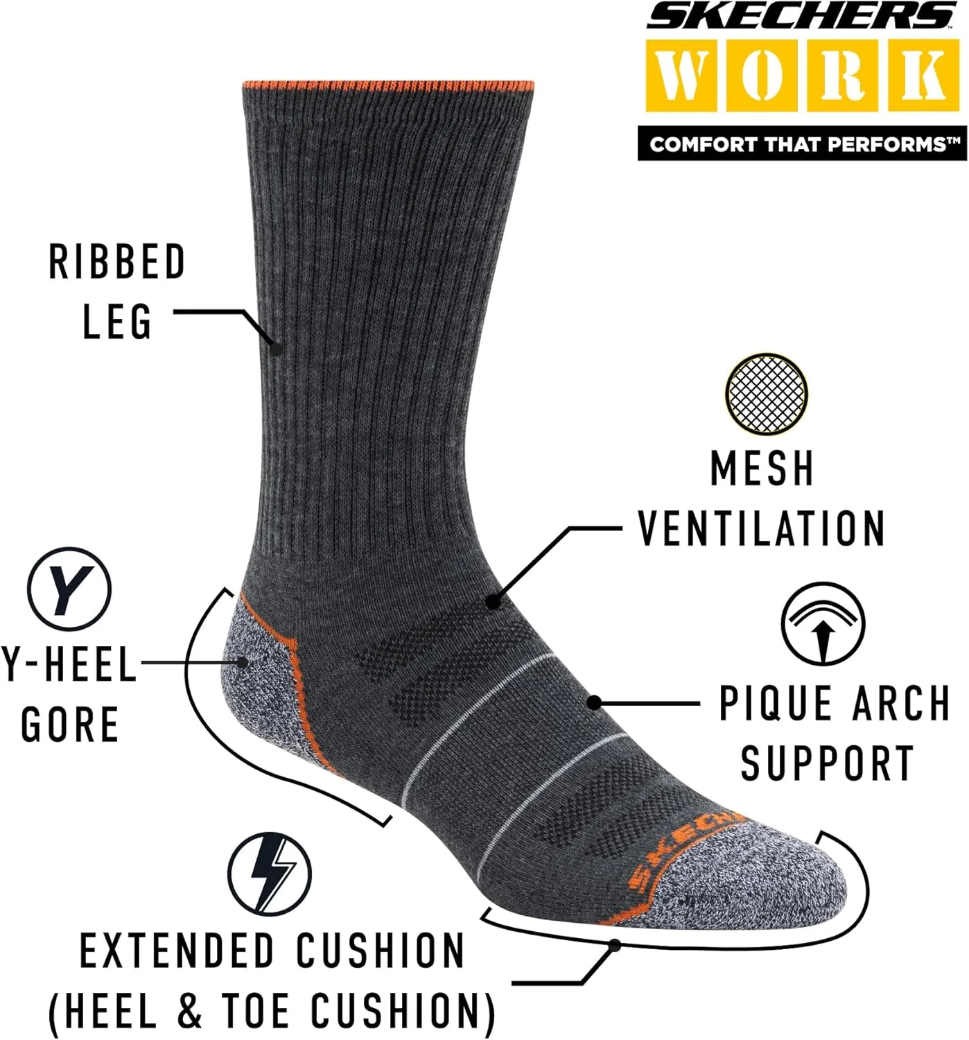 Skechers Men's 6 Pack Work Crew Socks