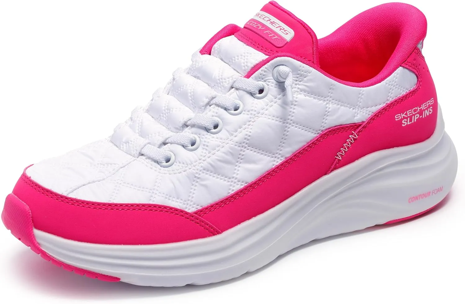 Skechers Sport Women's Women's Contour Foam Cozy FIT Hands Free Slip-INS Sneaker, White/Hot Pink, 8