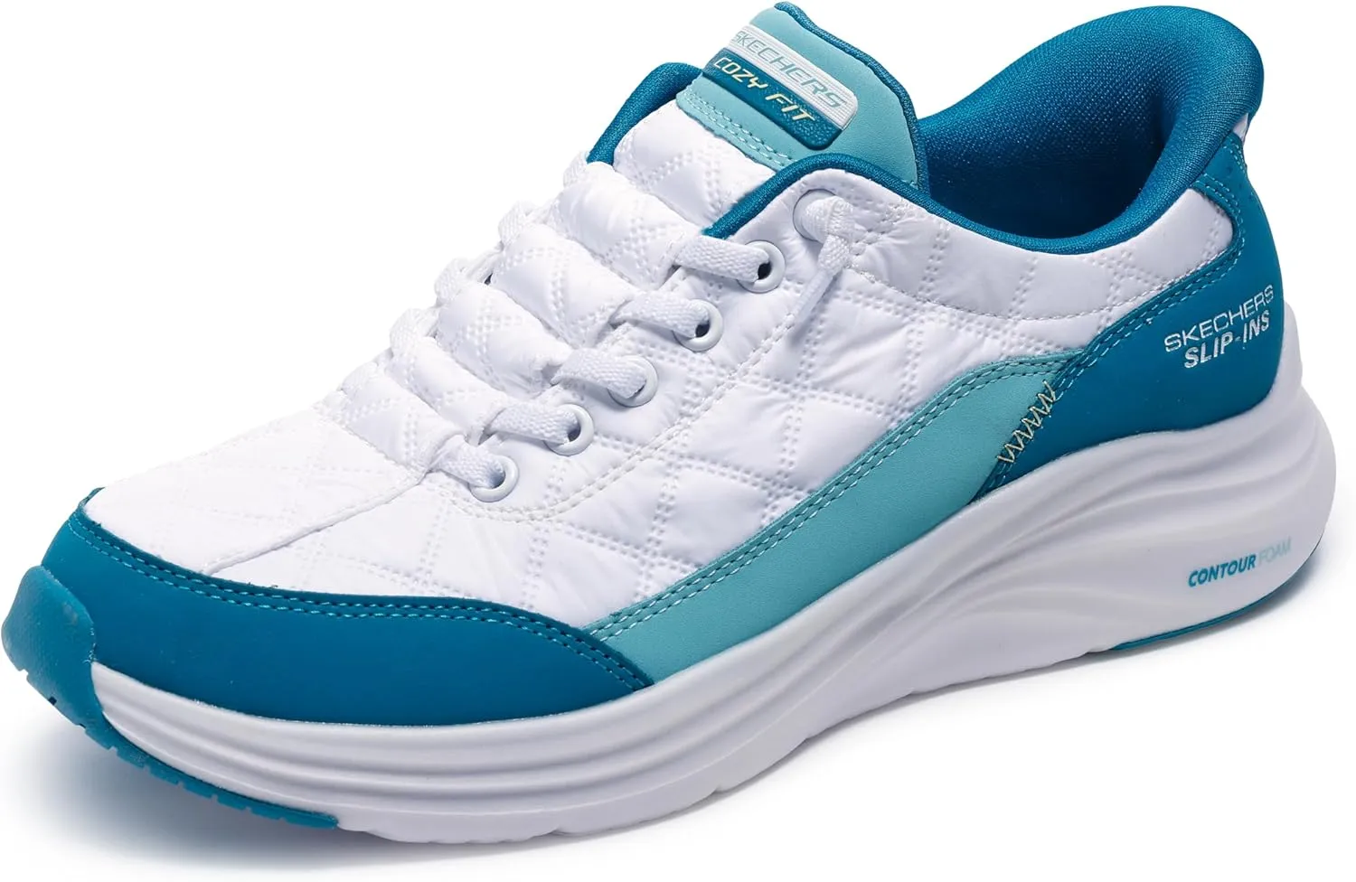 Skechers Sport Women's Women's Contour Foam Cozy FIT Hands Free Slip-INS Sneaker, White/Turq, 8