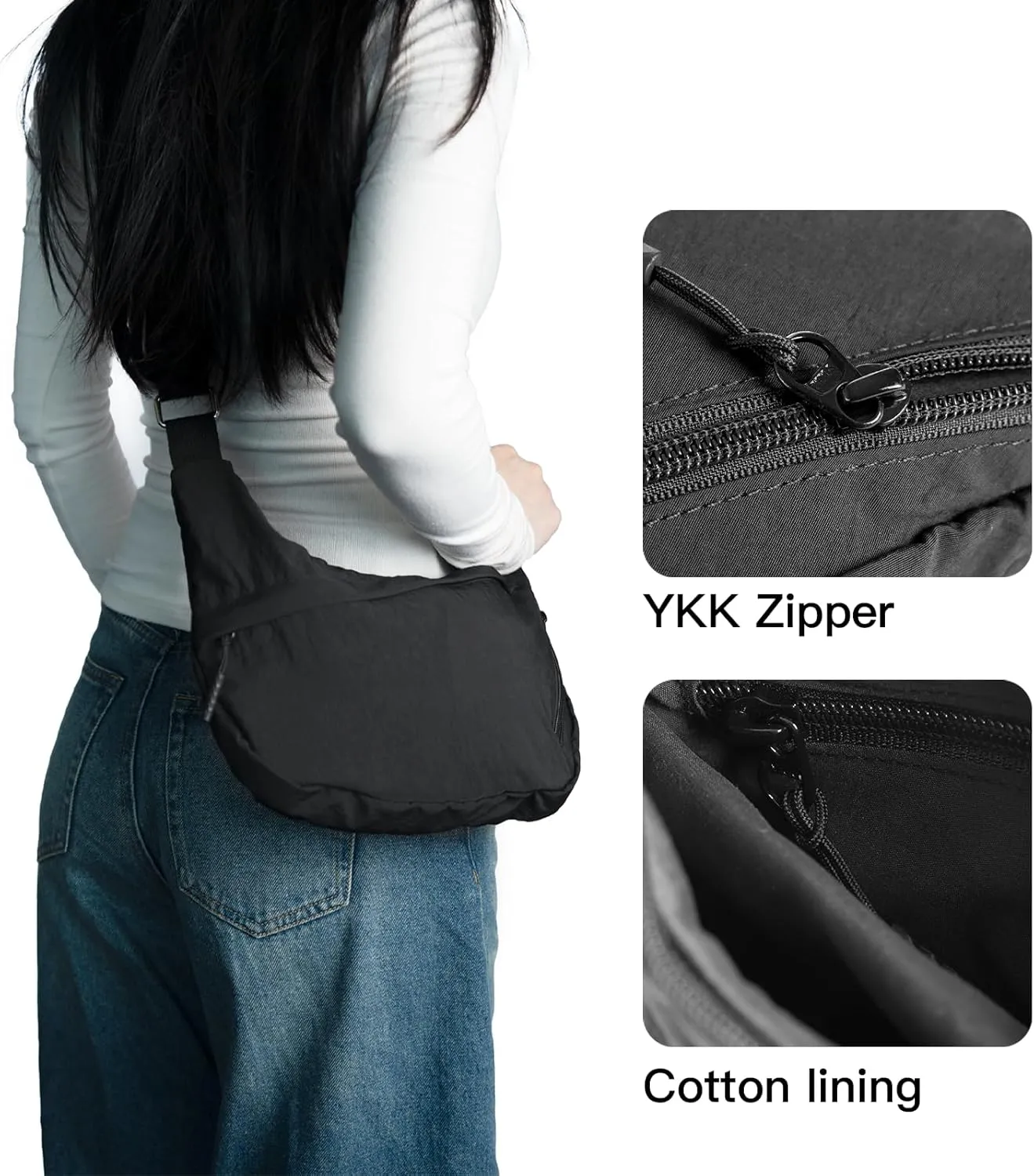 Small Nylon Crossbody Bag,Lightweight Sling Crescent Bag with Adjustable Strap,YKK Zippers,Women Hobo Shoulder Purse