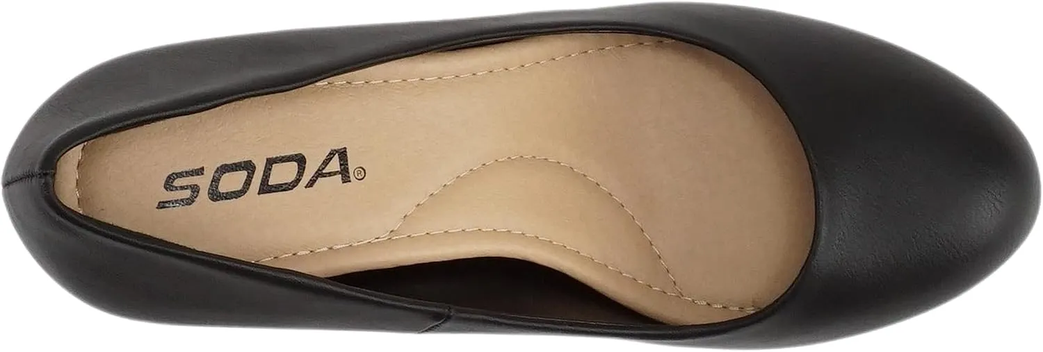 Soda “ANDI” ~ Women Closed Round Toe Slip-On Comfortable Cushion Insole Mid Heel Pump Shoe