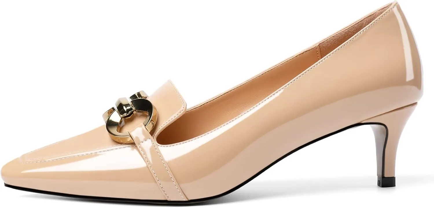 Soireelady Women’s Kitten Heel Pumps Square Toe Low Heel Shoes Metal Buckle Design Slip On Heels Classic Retro Comfort Office Formal Shoes 2Inch