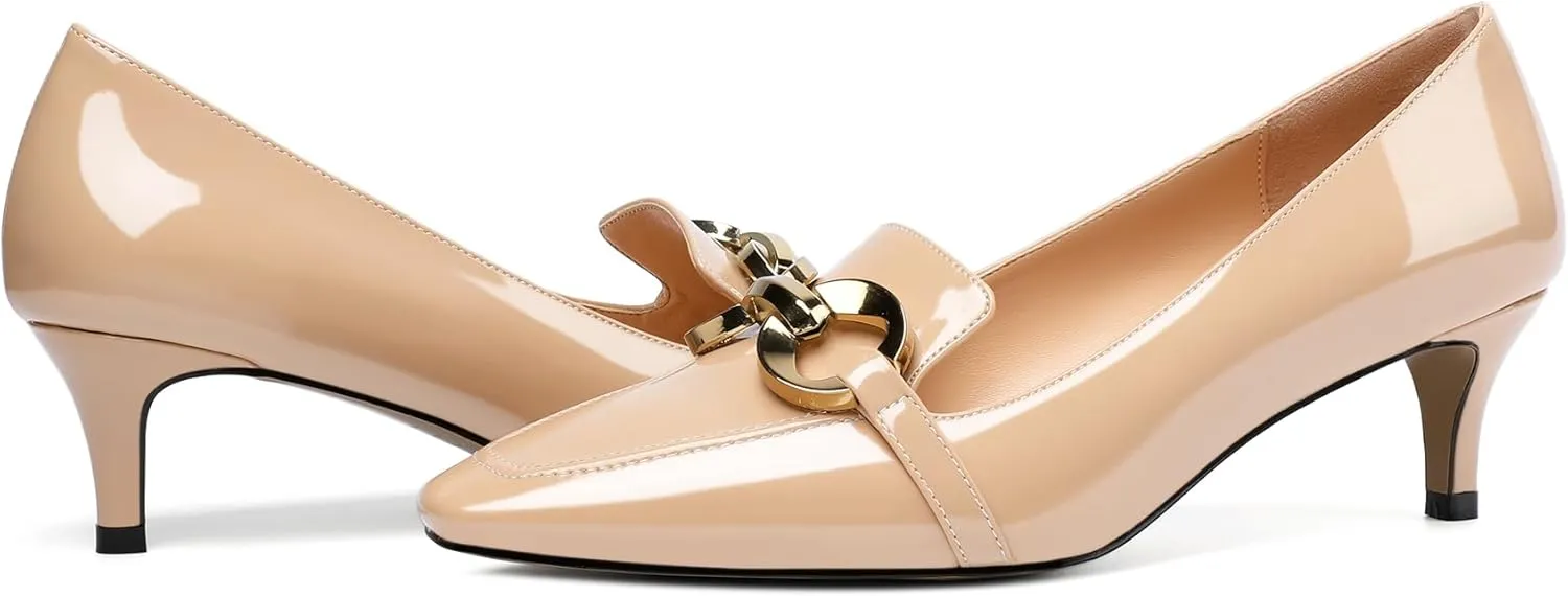 Soireelady Women’s Kitten Heel Pumps Square Toe Low Heel Shoes Metal Buckle Design Slip On Heels Classic Retro Comfort Office Formal Shoes 2Inch