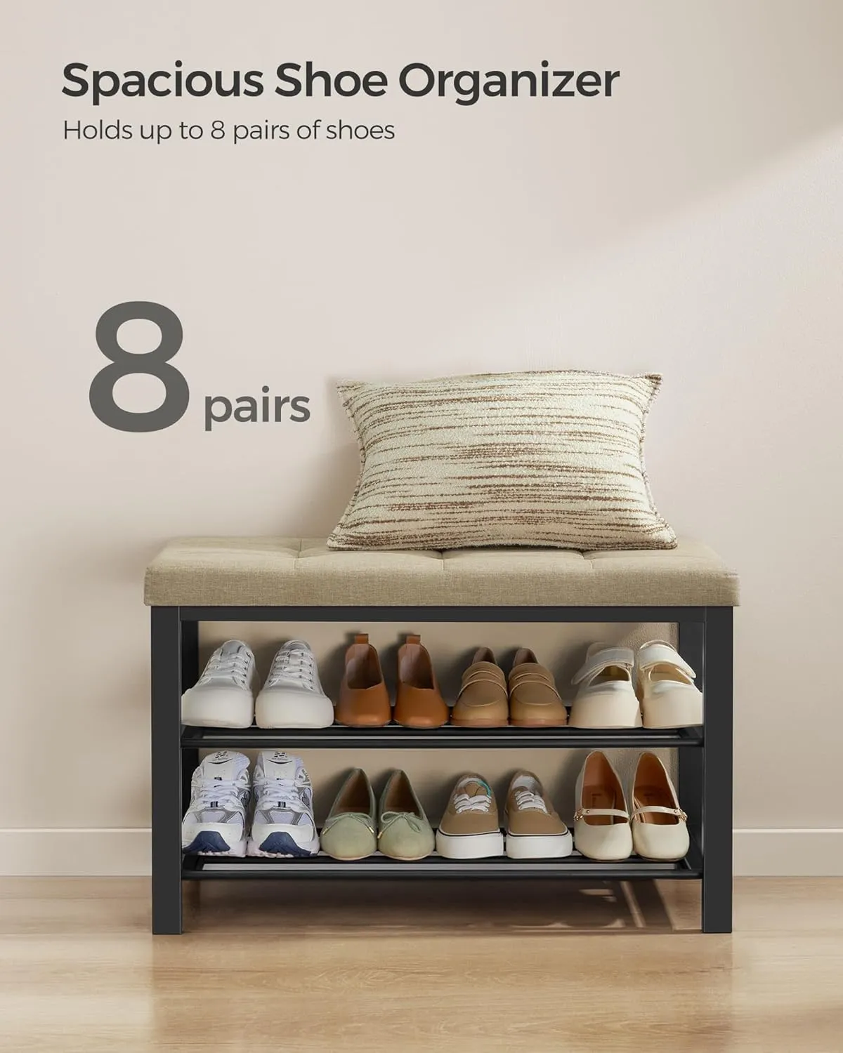 SONGMICS Shoe Bench, Storage Bench, Entryway Bench with Cushion, Shoe Shelf with Seat, Space-Saving, Modern Style, for Living Room, Bedroom, Hallway, Camel Brown and Ink Black ULBS057K01