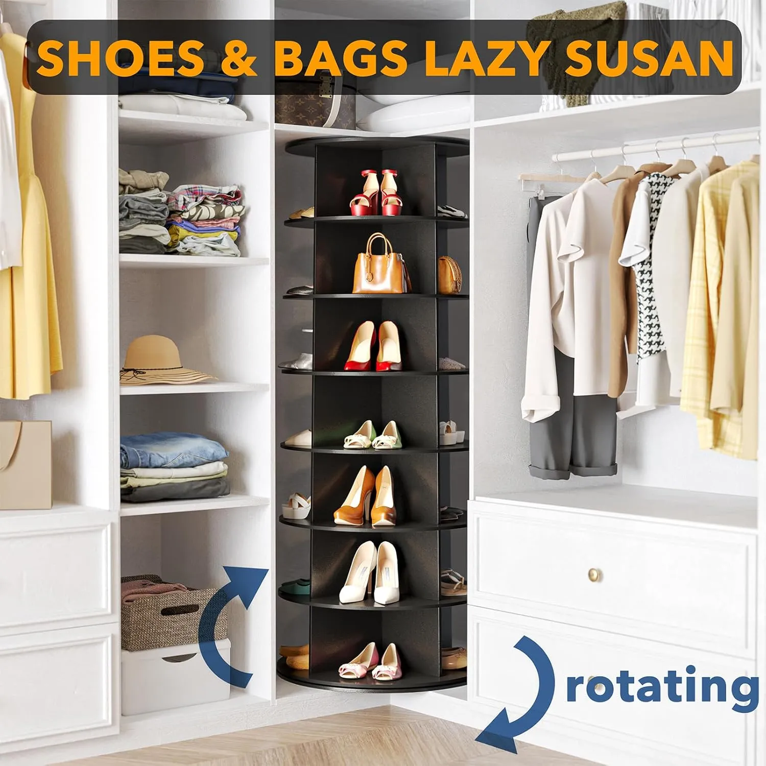 SpaceAid 7 Tier Rotating Shoe Rack Tower, Spinning Shoe Display Lazy Susan, Revolving 360 Shoe Rack Storage Round Carousel, Vertical Handbag Rotate Shoes Closet Organization (7-Tier Black)