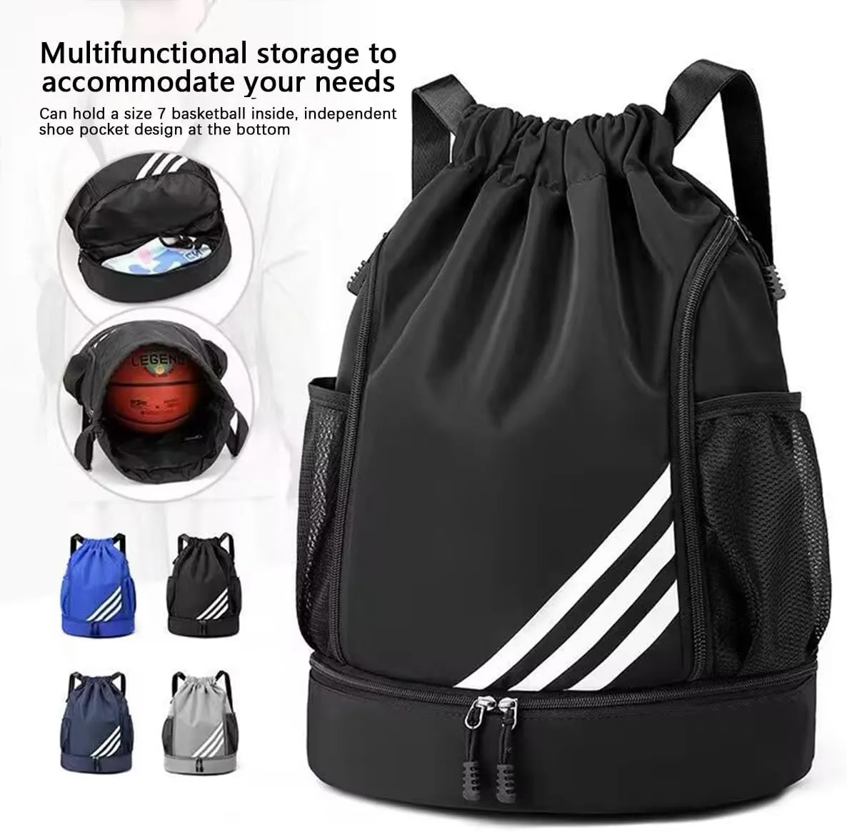 Sports Drawstring Backpack,Waterproof Backpack with Shoe Compartment,Waterproof Sports Fitness Swim Bag
