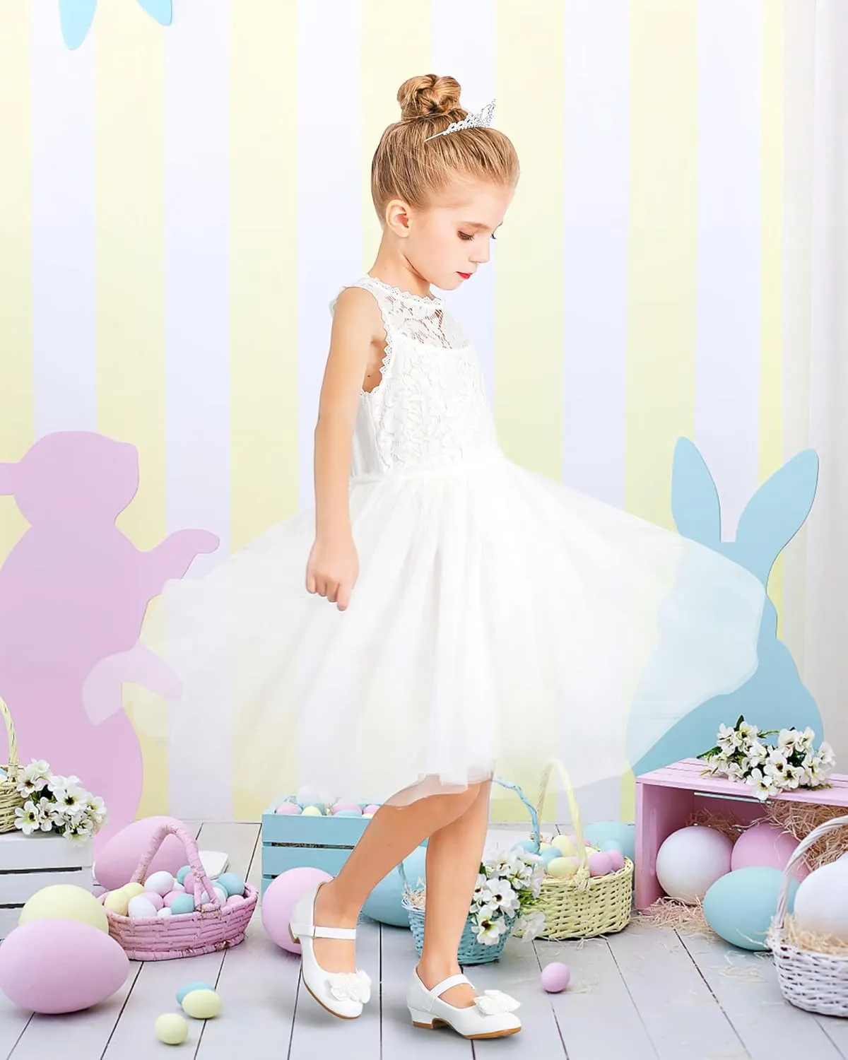 Stelle Girls Dress Shoes White Flower Girl Shoe Mary Jane Low Heels for Wedding (Toddler/Little/Big Kid)