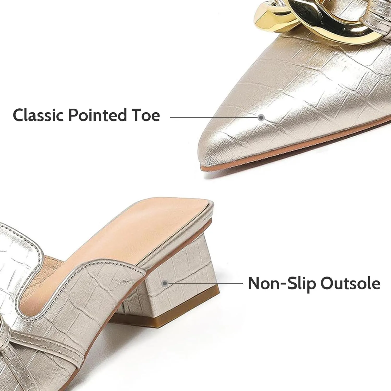 Stratuxx Kaze Women's Chunky Heeled Mules Slip on Closed Pointed Toe Backless Loafers with Metal Chain for Women Size 6-10