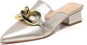 Stratuxx Kaze Women's Chunky Heeled Mules Slip on Closed Pointed Toe Backless Loafers with Metal Chain for Women Size 6-10