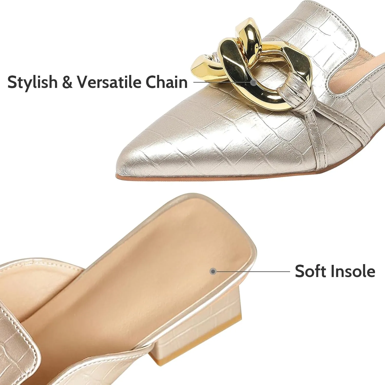 Stratuxx Kaze Women's Chunky Heeled Mules Slip on Closed Pointed Toe Backless Loafers with Metal Chain for Women Size 6-10