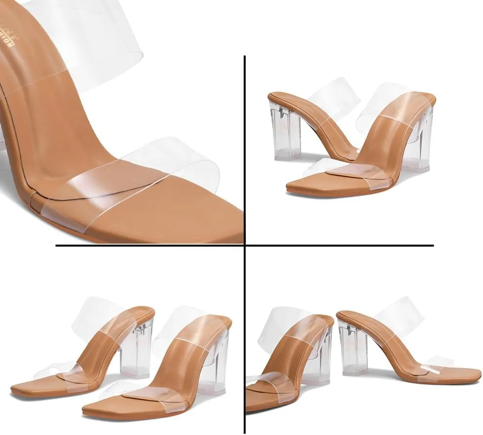 StylestryUS Women's Clear Two Strap Open Toe High Block Chunky Slip on Dress Heel Sandals