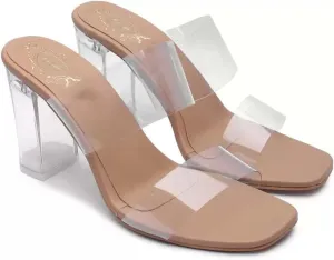 StylestryUS Women's Clear Two Strap Open Toe High Block Chunky Slip on Dress Heel Sandals