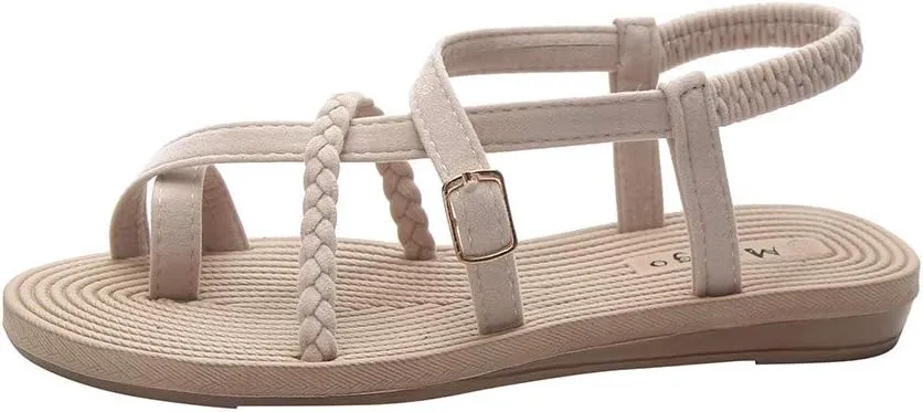 Summer Women's Fashion Flats Flip Flops Bottom Roman Sandals Wild Cross Straps Clip Toe Outdoor Beach Shoes (Beige-05#A, 5.5)