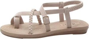 Summer Women's Fashion Flats Flip Flops Bottom Roman Sandals Wild Cross Straps Clip Toe Outdoor Beach Shoes (Beige-05#A, 5.5)