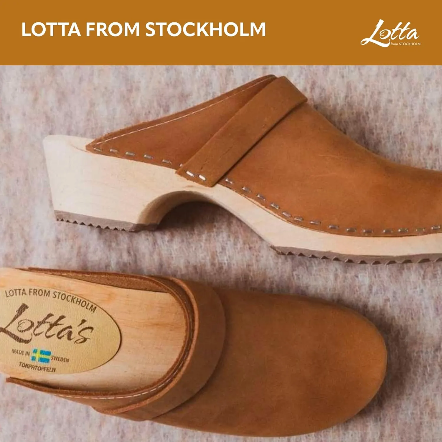 Swedish Classic Clog Mule for Women | Low Heel Slip-on Wooden Clogs Handmade in Sweden from Alder Wood Base and Oiled Nubuck Leather I Brown