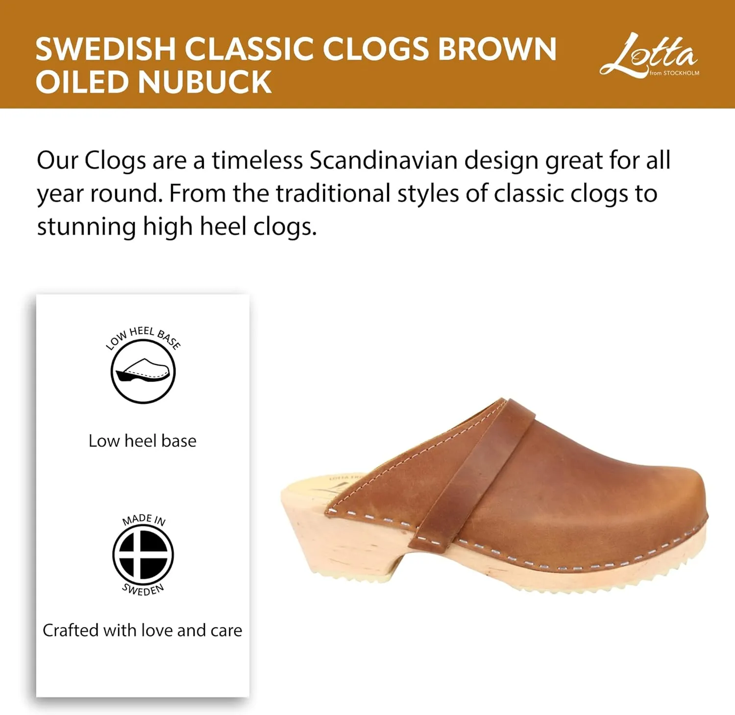 Swedish Classic Clog Mule for Women | Low Heel Slip-on Wooden Clogs Handmade in Sweden from Alder Wood Base and Oiled Nubuck Leather I Brown