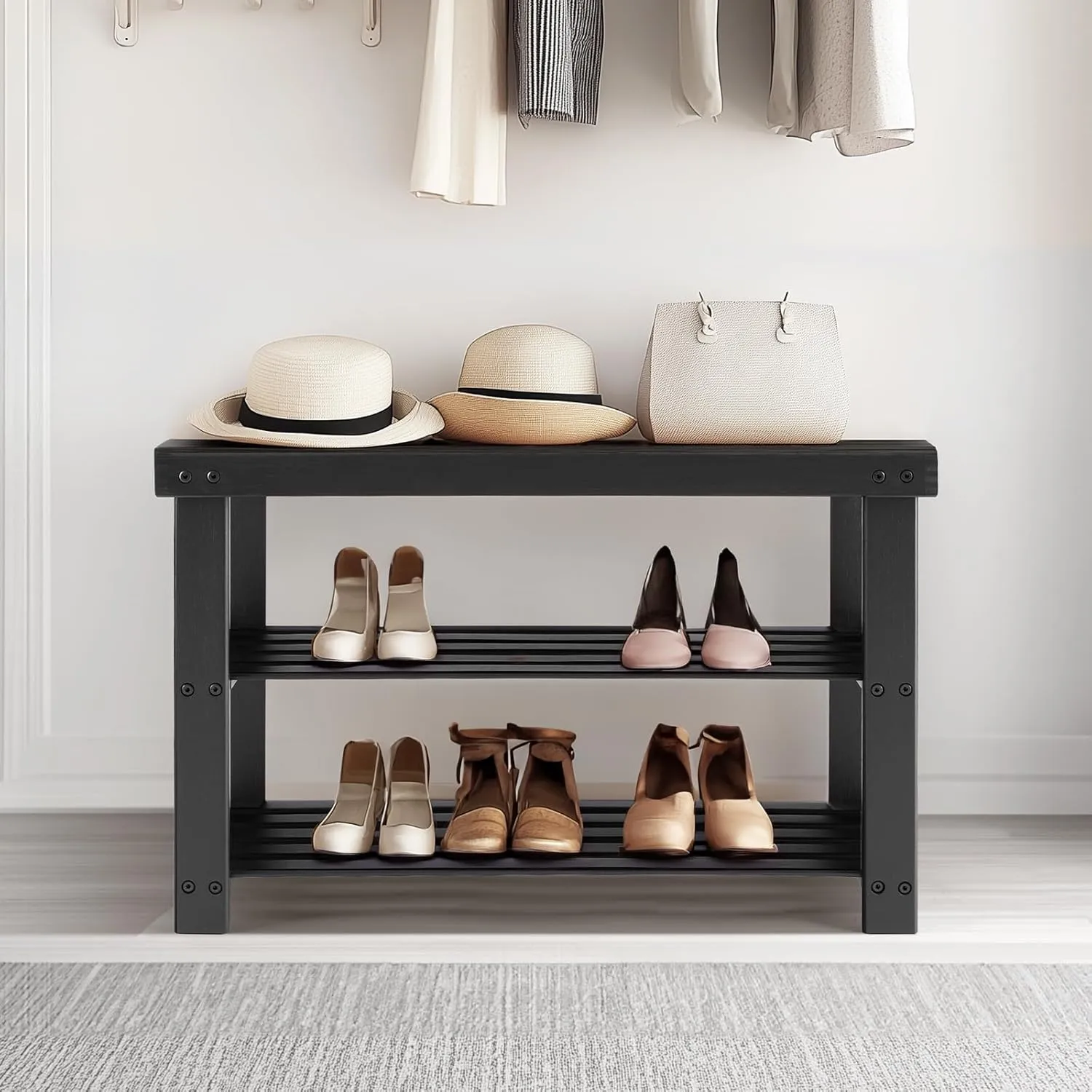 Sweetcrispy Shoe Rack Bench, 3-Tier Bamboo Entryway Storage Organizer, 286lb Capacity, Shoes Stand for FrontDoor Entrance, Bedroom, Living Room, Bathroom, Balcony, 11.3 x 27.6 x 17.8 Inches, Black