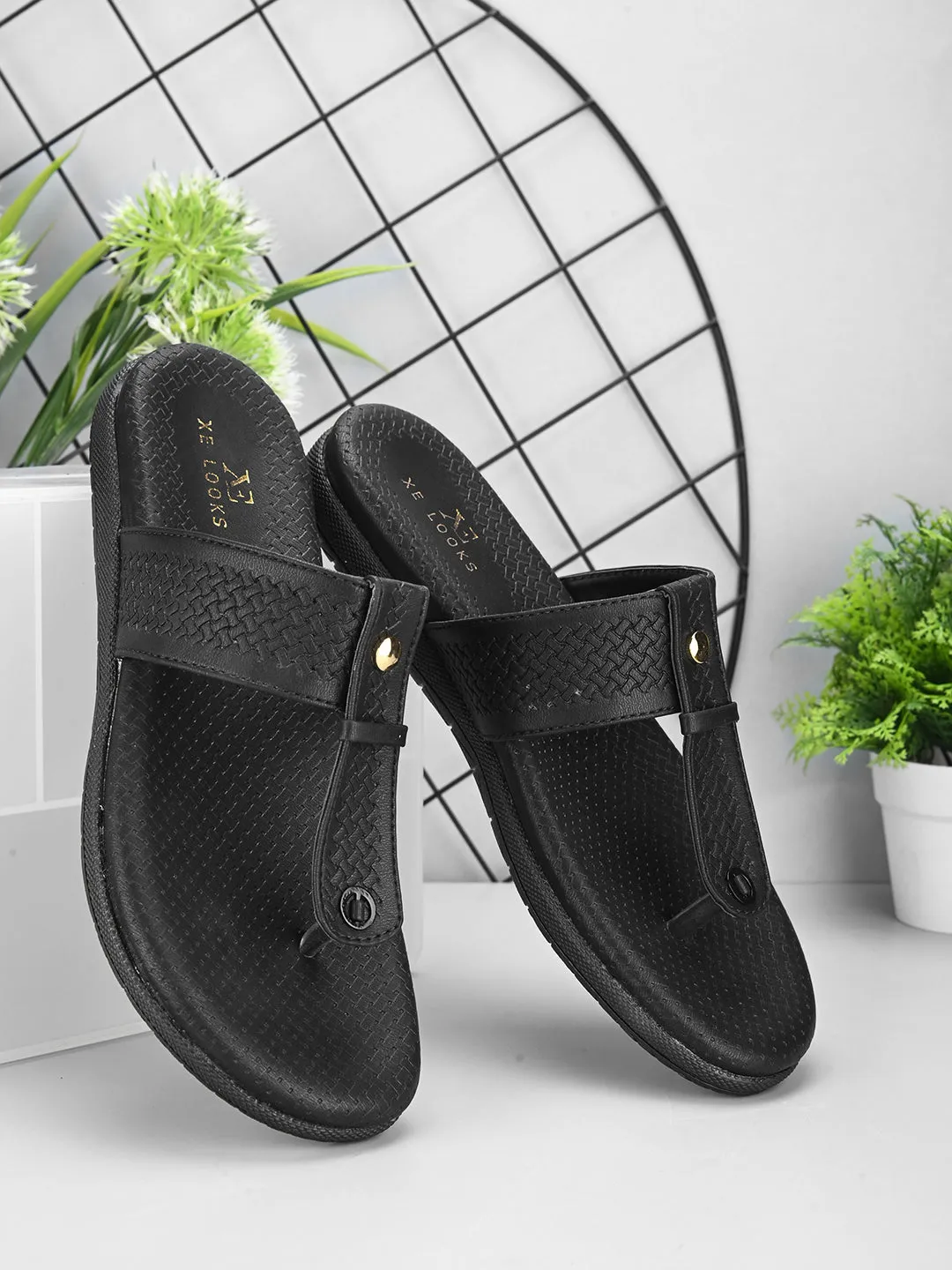 Synthetic Leather with Cushioned Sole, Slip-On Slippers