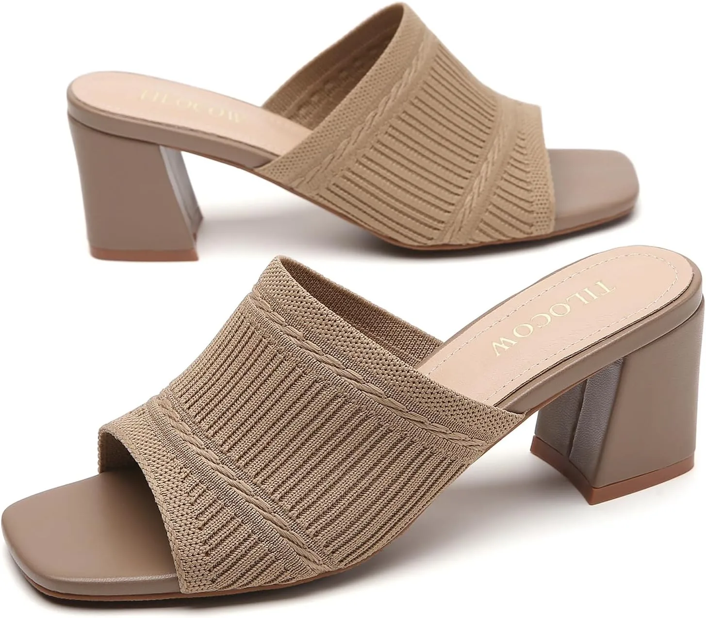 Tilocow Knit Heeled Sandals Chunky Low Block Heel Mules for Women Square Open Toe Heels Slip On Breathable Slides Sandal