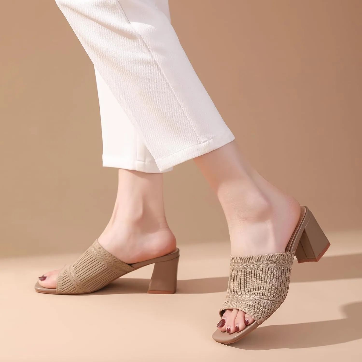 Tilocow Knit Heeled Sandals Chunky Low Block Heel Mules for Women Square Open Toe Heels Slip On Breathable Slides Sandal
