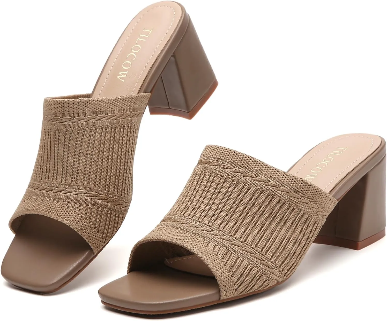 Tilocow Knit Heeled Sandals Chunky Low Block Heel Mules for Women Square Open Toe Heels Slip On Breathable Slides Sandal
