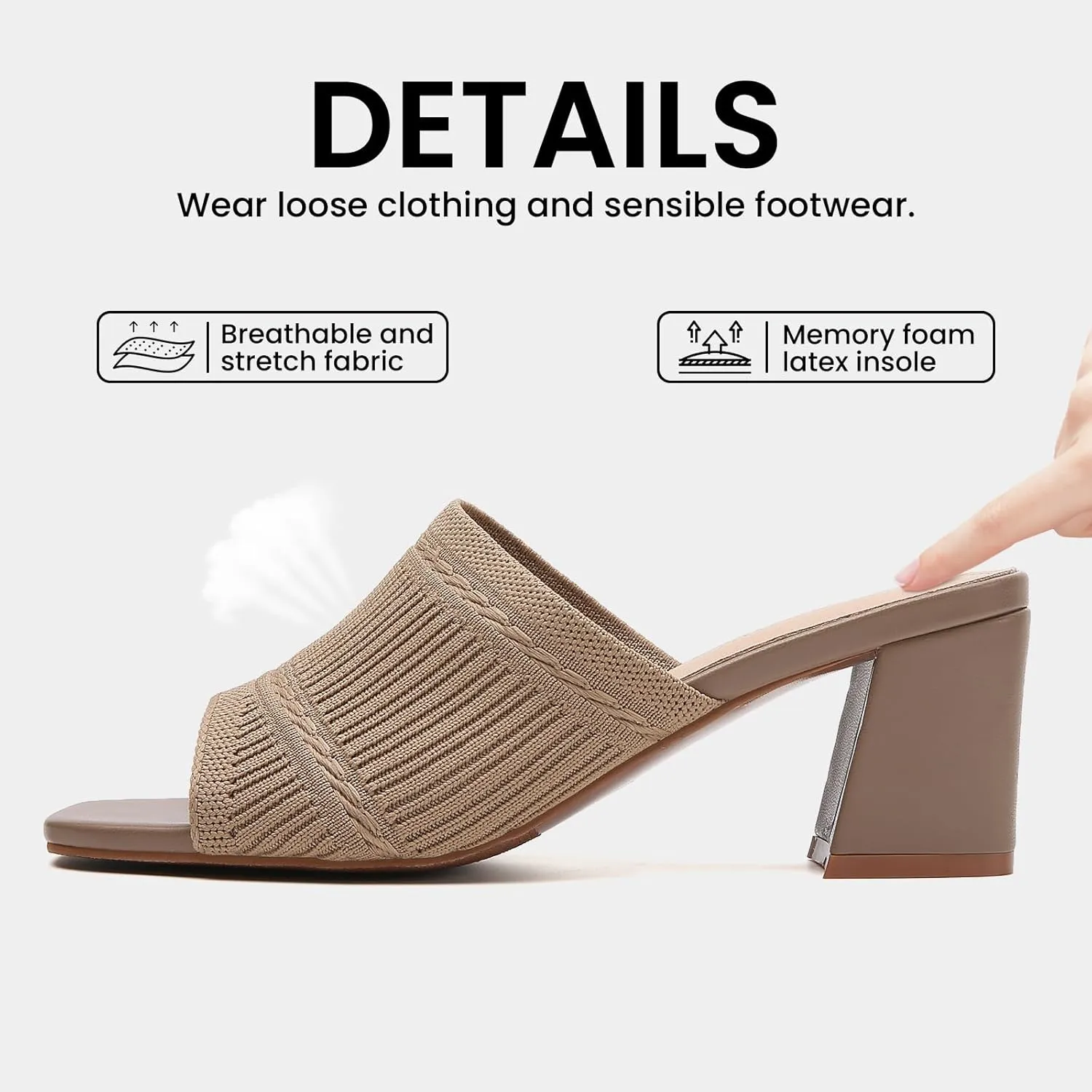 Tilocow Knit Heeled Sandals Chunky Low Block Heel Mules for Women Square Open Toe Heels Slip On Breathable Slides Sandal