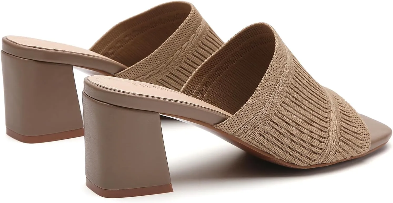 Tilocow Knit Heeled Sandals Chunky Low Block Heel Mules for Women Square Open Toe Heels Slip On Breathable Slides Sandal