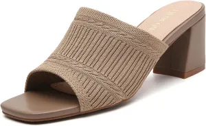 Tilocow Knit Heeled Sandals Chunky Low Block Heel Mules for Women Square Open Toe Heels Slip On Breathable Slides Sandal
