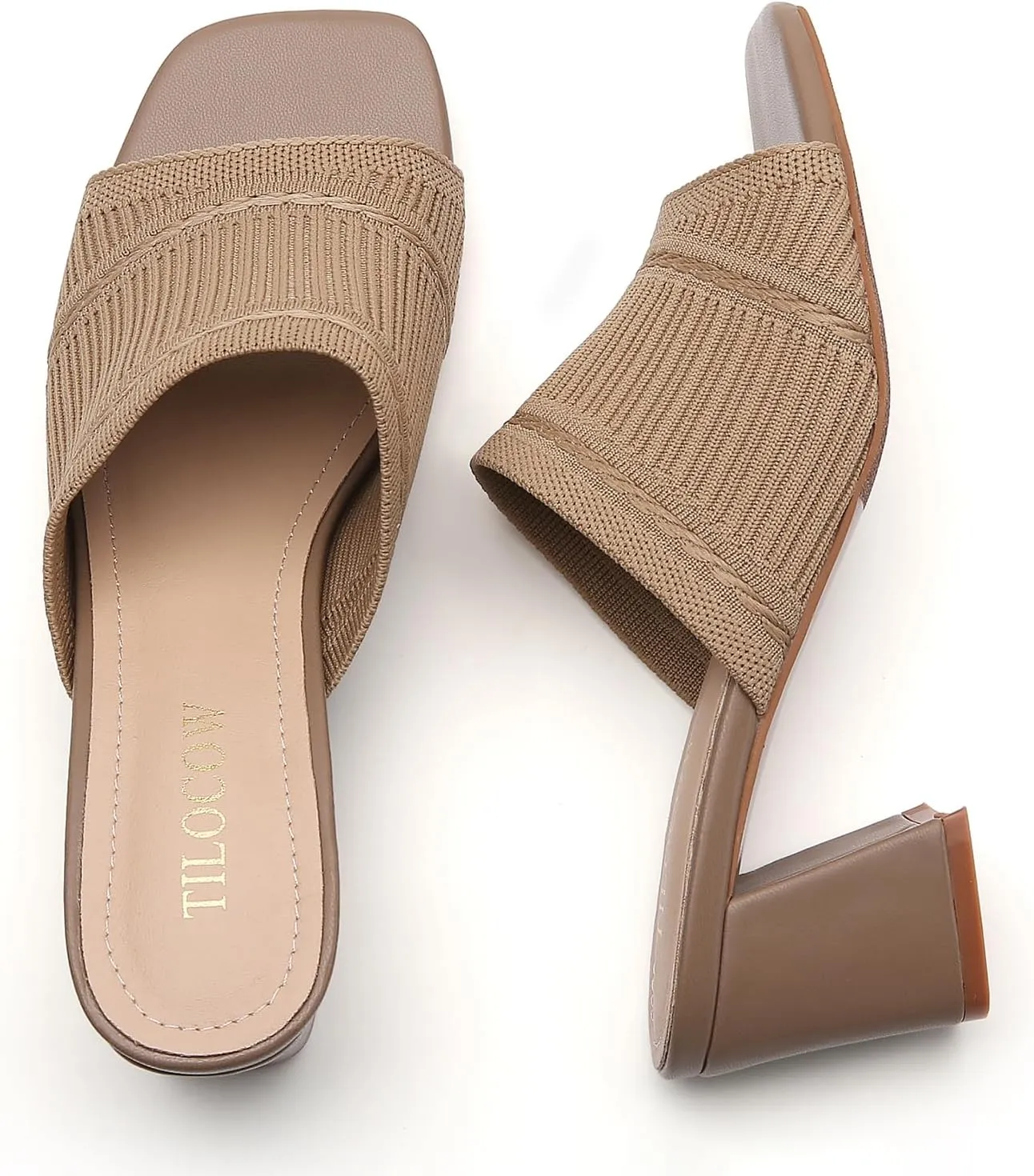 Tilocow Knit Heeled Sandals Chunky Low Block Heel Mules for Women Square Open Toe Heels Slip On Breathable Slides Sandal