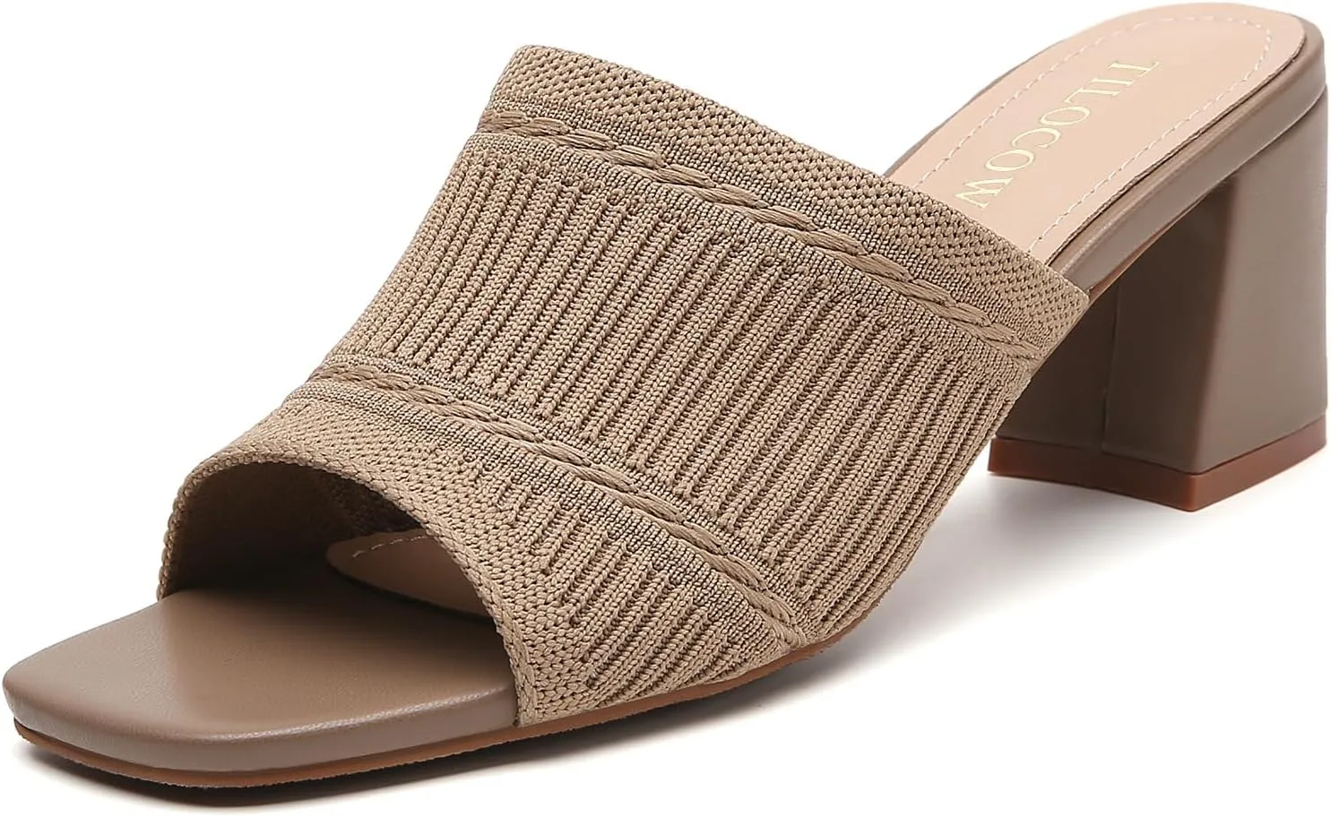 Tilocow Knit Heeled Sandals Chunky Low Block Heel Mules for Women Square Open Toe Heels Slip On Breathable Slides Sandal
