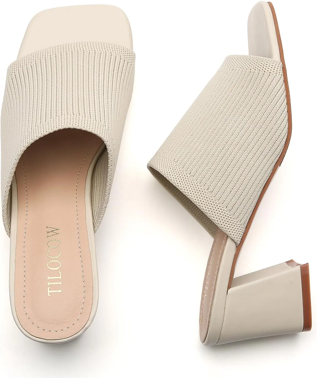 Tilocow Knit Heeled Sandals for Women Square Chunky Low Block Heel Mules Open Toe Slip On Breathable Slides Sandal Black