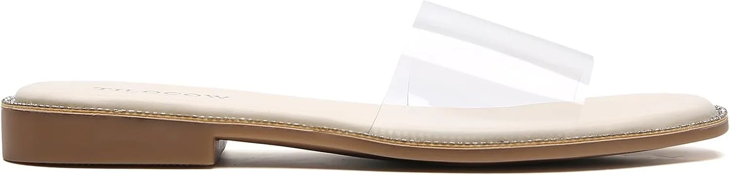 Tilocow Women Clear Sandals for Womens Rhinestone Decor Slides Slip on Bling Sandals Daily Casual Beach Summer Flat Shoes