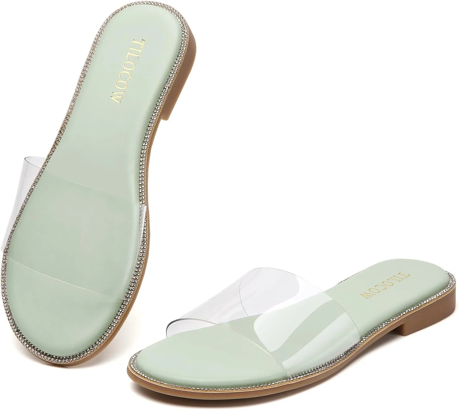 Tilocow Women Clear Sandals for Womens Rhinestone Decor Slides Slip on Bling Sandals Daily Casual Beach Summer Flat Shoes