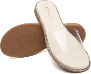 Tilocow Women Clear Sandals for Womens Rhinestone Decor Slides Slip on Bling Sandals Daily Casual Beach Summer Flat Shoes