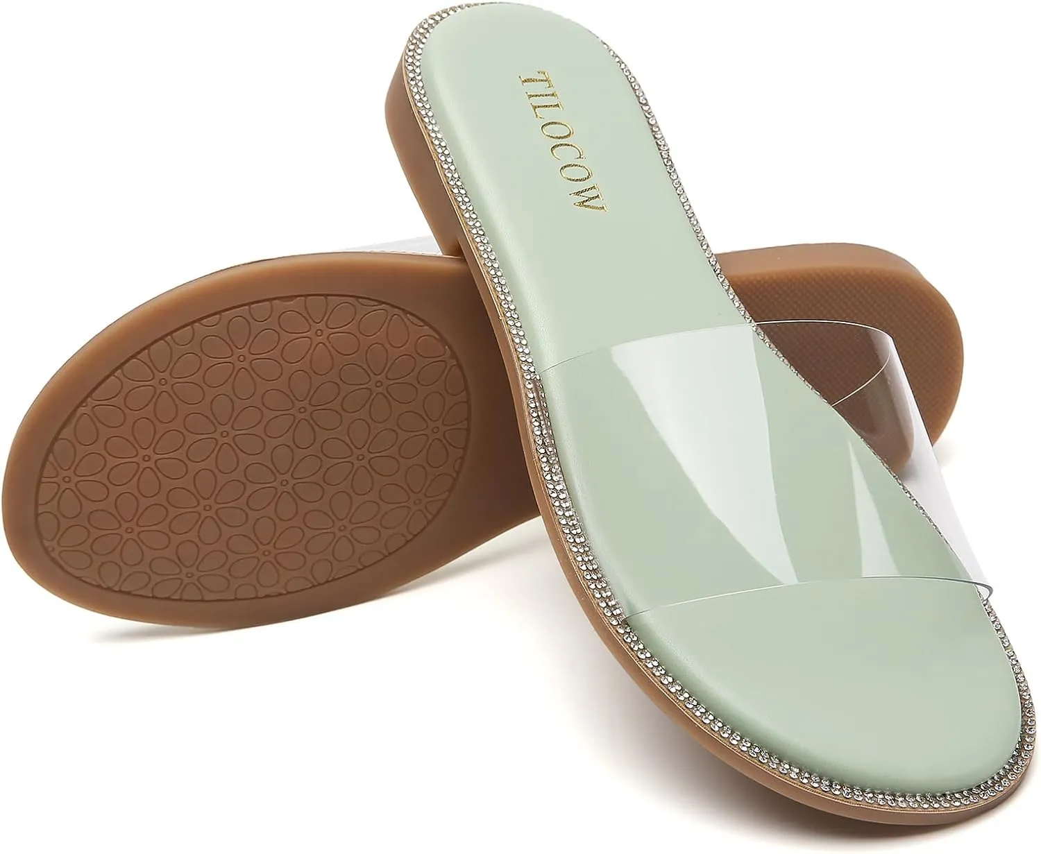 Tilocow Women Clear Sandals for Womens Rhinestone Decor Slides Slip on Bling Sandals Daily Casual Beach Summer Flat Shoes