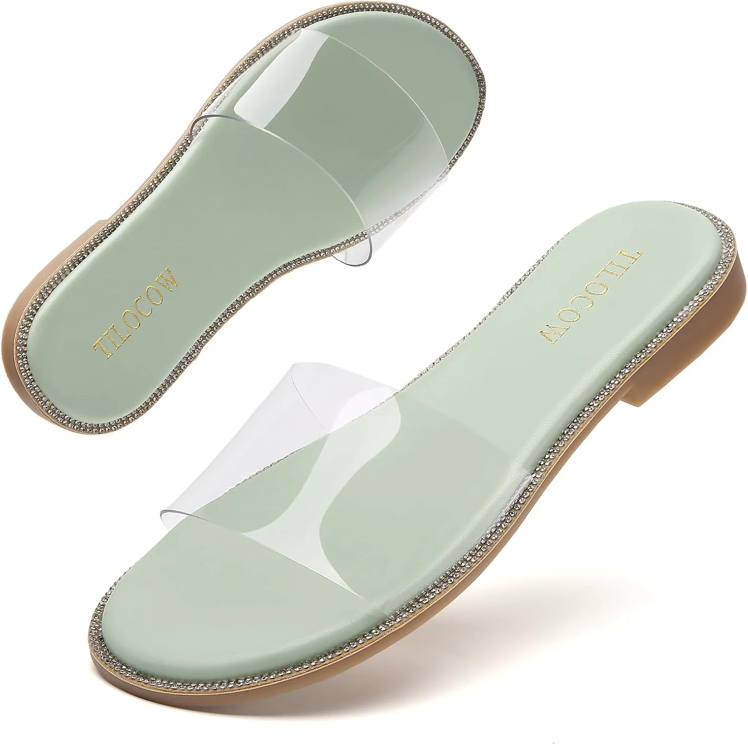 Tilocow Women Clear Sandals for Womens Rhinestone Decor Slides Slip on Bling Sandals Daily Casual Beach Summer Flat Shoes